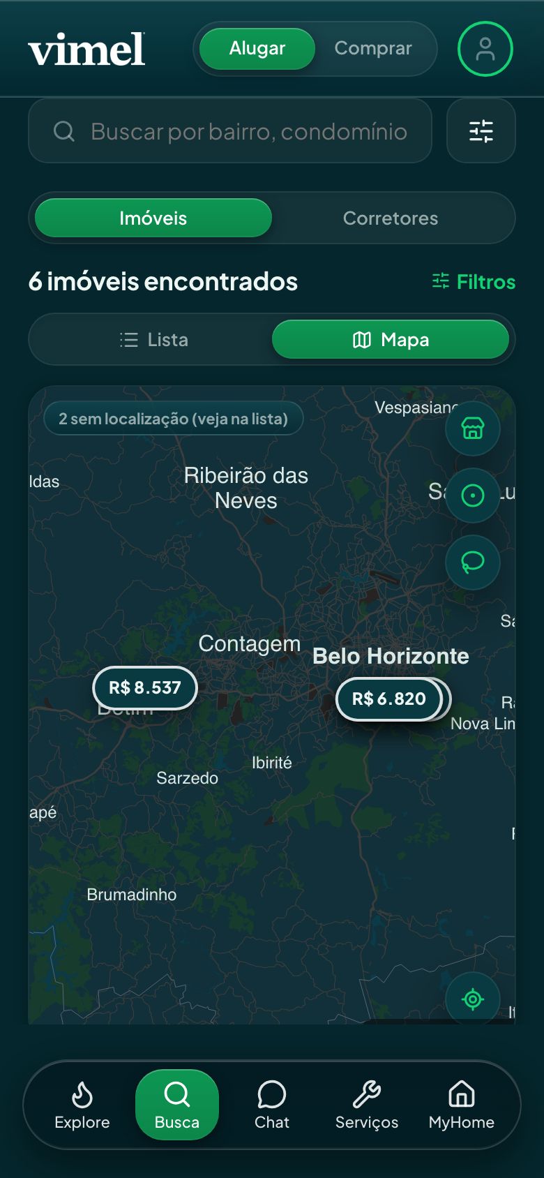 Mapa com o preço total em cada pin