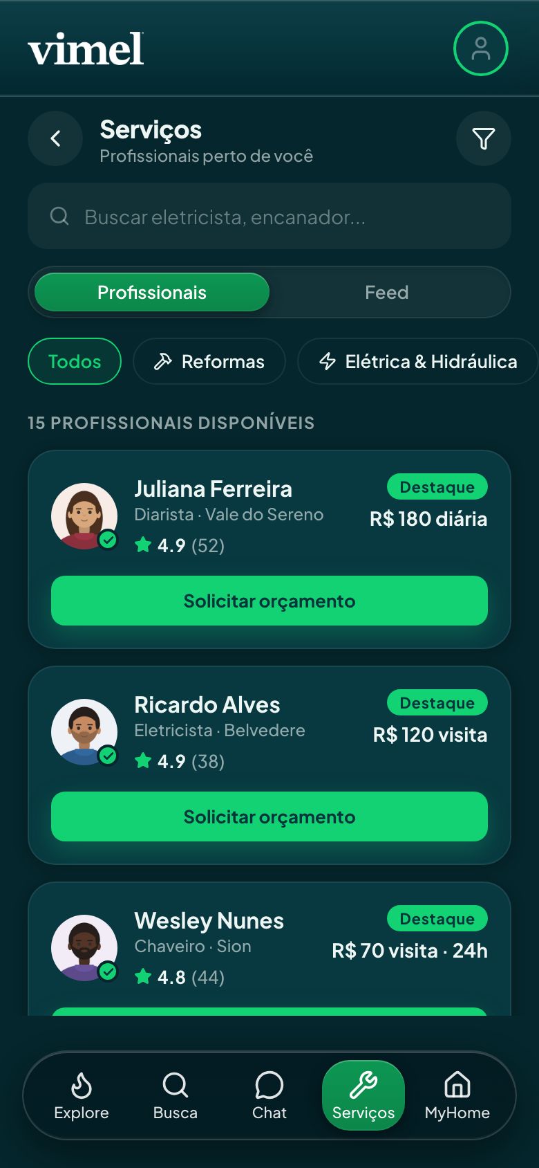 Marketplace de serviços do Vimel Home