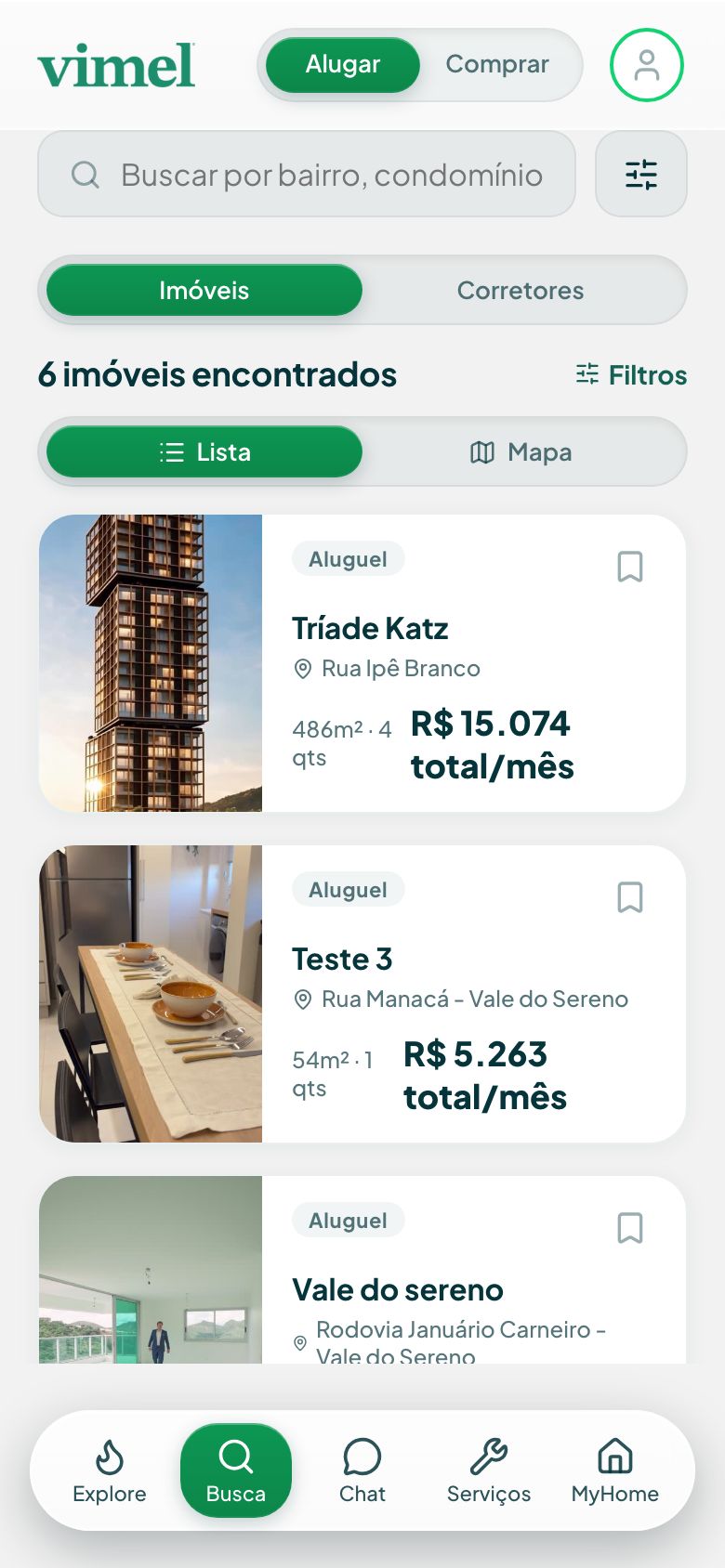 Busca do Vimel Home em lista, tema claro